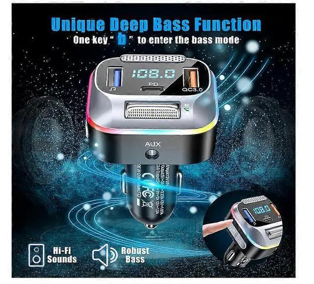 Alt view image 2 of 5 - Ecocleanpath Bluetooth 5.0 Car FM Transmitter & Charger, PD 20W/QC 18W Fast Charging, AUX Adapter (Black)