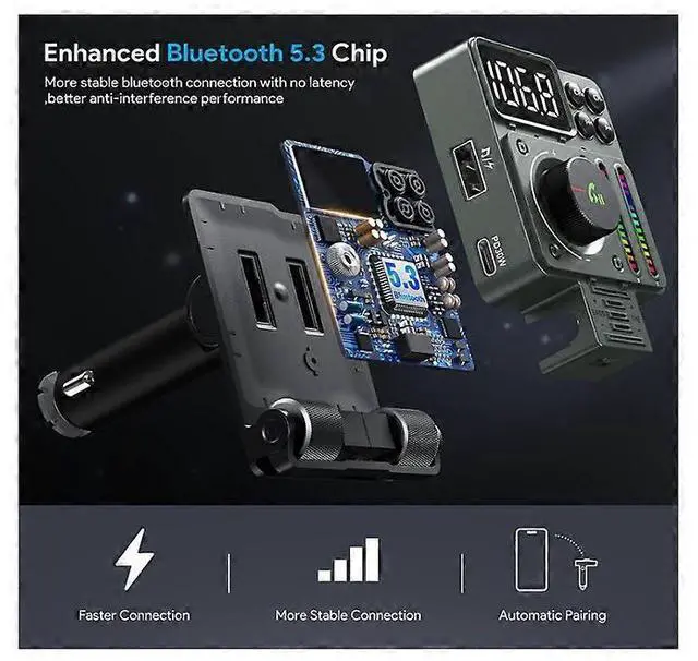 Alt view image 3 of 5 - Ecocleanpath FM Bluetooth 5.3 Car Transmitter with PD30W Fast Charging, Hands-Free Calls, U Disk Playback & Voice Assistant (Black)