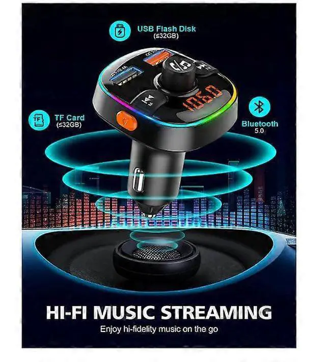 Alt view image 4 of 5 - Ecocleanpath QC3.0 Bluetooth FM Transmitter Car Adapter, 7-Color LED & Dual USB Fast Charger, Hands-Free Calling