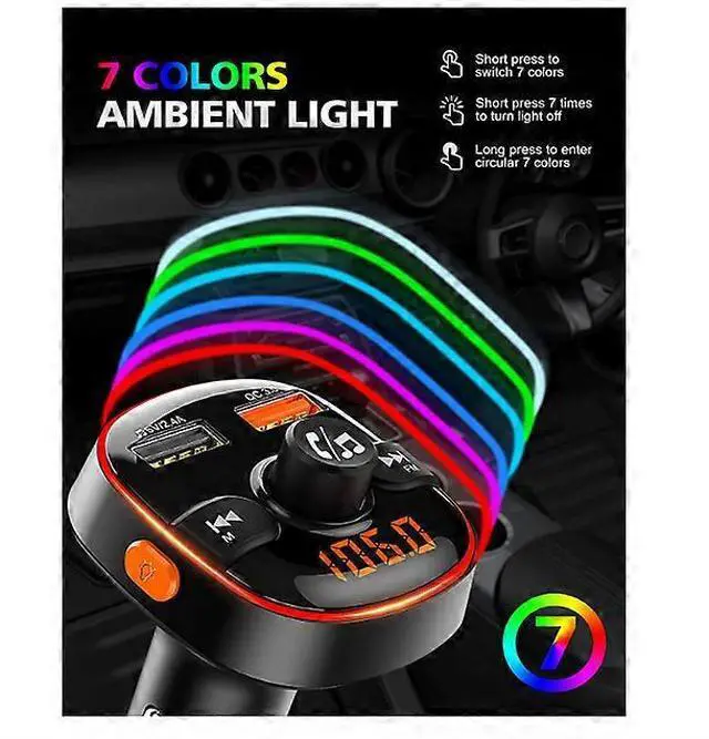 Alt view image 3 of 5 - Ecocleanpath QC3.0 Bluetooth FM Transmitter Car Adapter, 7-Color LED & Dual USB Fast Charger, Hands-Free Calling