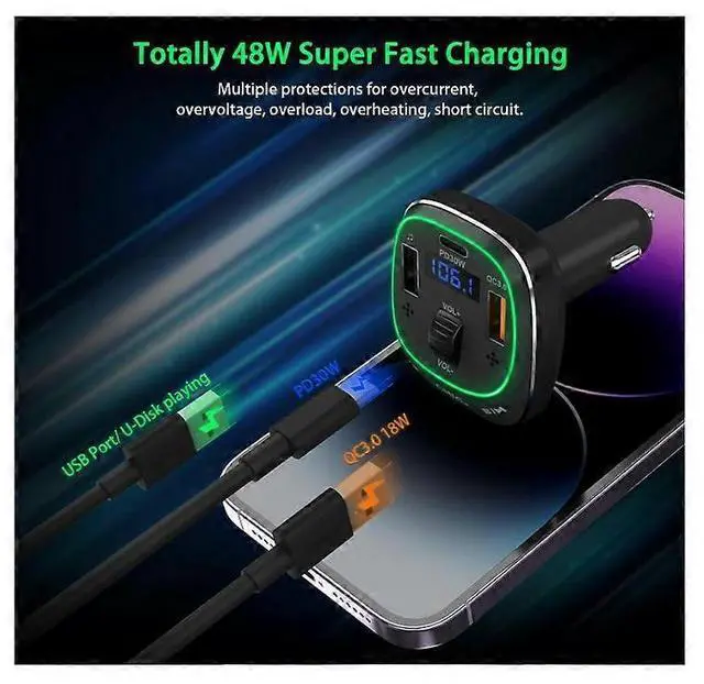 Alt view image 3 of 5 - Ecocleanpath Bluetooth 5.3 FM Transmitter & 48W Car Charger, PD 30W/QC3.0, Bass Boost & Noise Cancellation (Black)