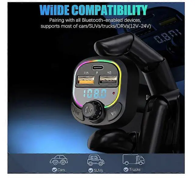 Alt view image 3 of 5 - Ecocleanpath Bluetooth 5.0 Car FM Transmitter with QC3.0 Fast Charging, Hands-Free Calling & Colorful Backlight (Black)