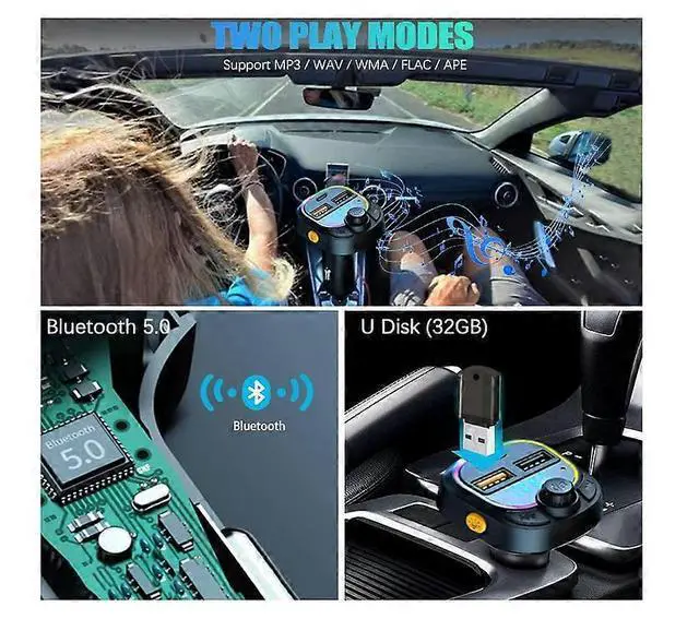 Alt view image 5 of 5 - Ecocleanpath Bluetooth 5.0 Car FM Transmitter with QC3.0 Fast Charging, Hands-Free Calling & Colorful Backlight (Black)