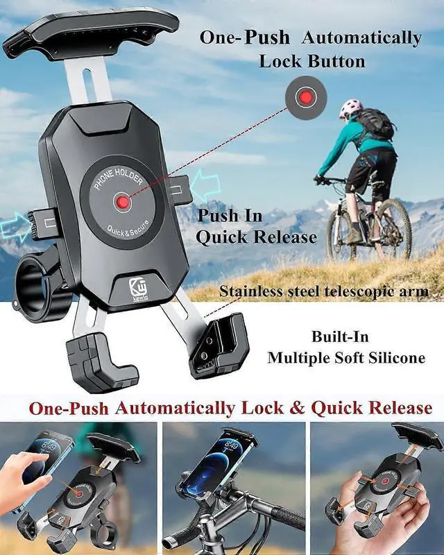 Alt view image 2 of 5 - Ecocleanpath 1-Second Lock Phone Holder for Bicycle & Motorcycle, Aluminum Alloy Mount Fits 4-7" Phones - Black