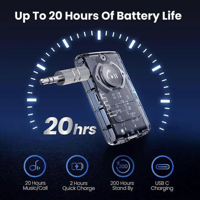 Alt view image 5 of 5 - Ecocleanpath Bluetooth 5.3 Car Adapter, Wireless Audio Receiver with 20H Battery, Noise Cancelling Mic for Car/Home Stereo