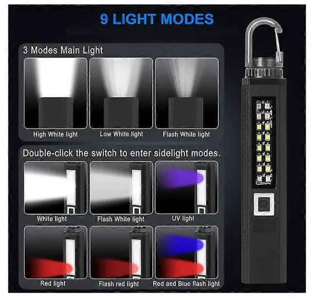 Alt view image 2 of 5 - Ecocleanpath Rechargeable Magnetic LED Flashlight, 9 Modes Super Bright with COB Worklight & UV, Waterproof, Black