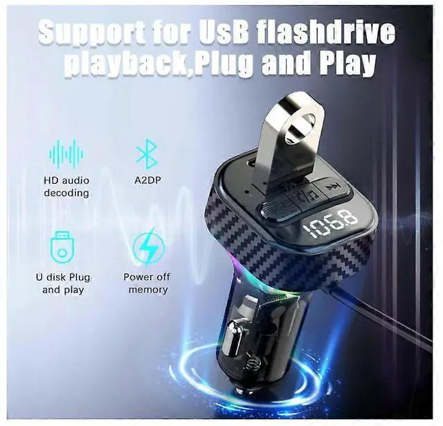 Alt view image 5 of 5 - Ecocleanpath Bluetooth 5.3 FM Transmitter Car Adapter, 60W Fast Charger with Hands-Free Call & USB Drive Support (Black)