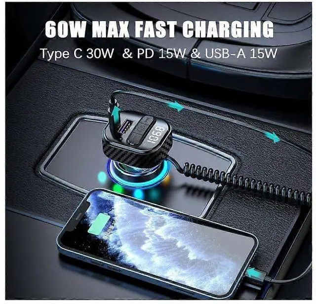 Alt view image 2 of 5 - Ecocleanpath Bluetooth 5.3 FM Transmitter Car Adapter, 60W Fast Charger with Hands-Free Call & USB Drive Support (Black)