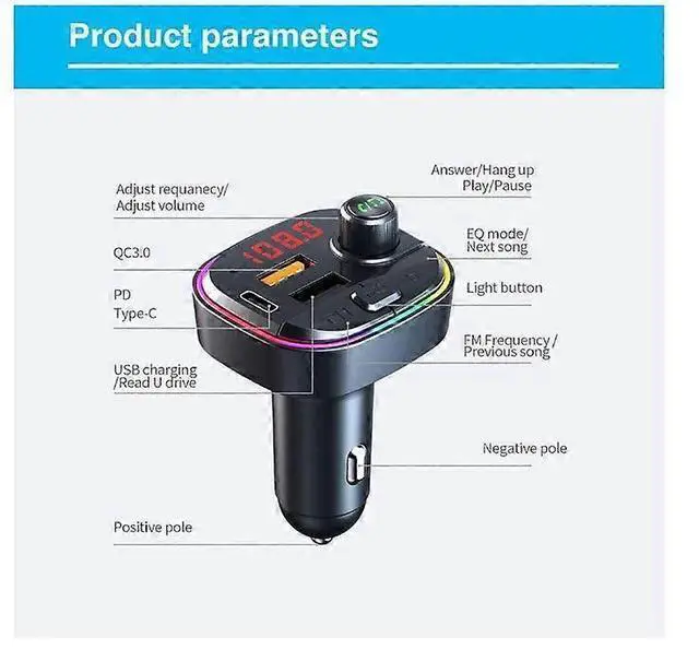Alt view image 5 of 5 - Ecocleanpath Bluetooth FM Transmitter for Car, QC3.0 & USB-C PD 18W Fast Charger, 7-Color LED, EQ Modes, Hands-Free