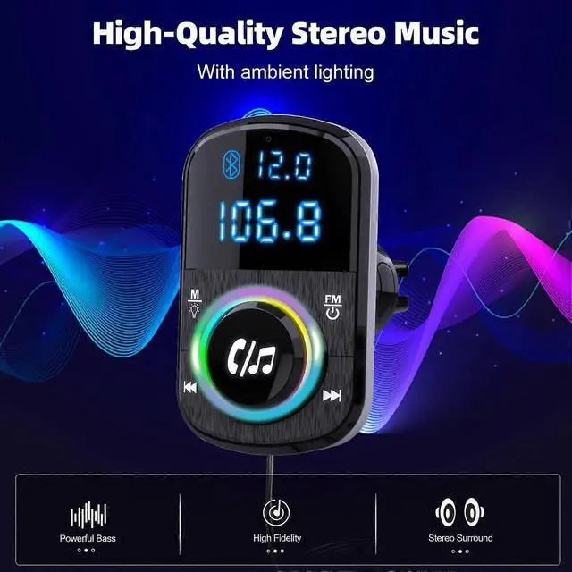 Alt view image 4 of 5 - Ecocleanpath Car Bluetooth FM Transmitter with QC3.0/PD Fast Charging, Hands-Free Calls, Ambient Light & Clip/Adhesive Base