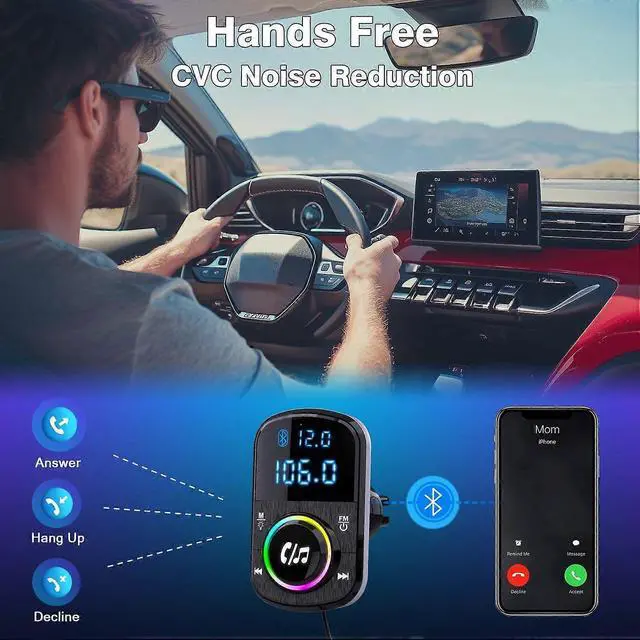 Alt view image 2 of 5 - Ecocleanpath Car Bluetooth FM Transmitter with QC3.0/PD Fast Charging, Hands-Free Calls, Ambient Light & Clip/Adhesive Base