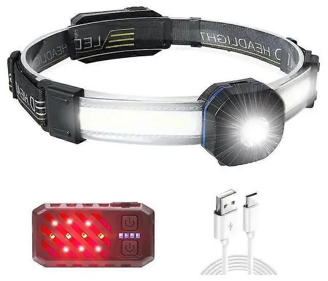 Main image of Ecocleanpath USB Rechargeable Headlamp 500 Lumens, XPG+COB LED with 210° Beam & Warning Light, IPX4 Waterproof Black Head Torch