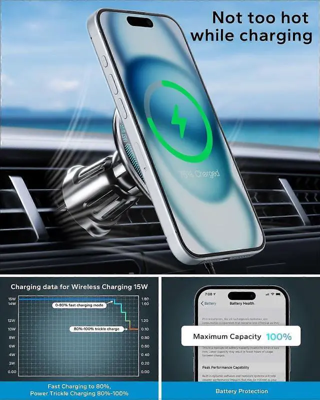 Alt view image 5 of 5 - Ecocleanpath 15W MAX Magsafe Car Mount Charger, Magnetic Wireless Phone Holder for iPhone 15/14/13/12, Fast Charging Air Vent/Dashboard Mount