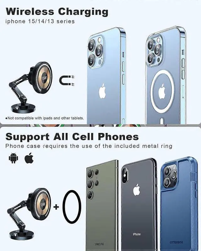 Alt view image 5 of 5 - Ecocleanpath 15W Fast Magnetic Wireless Car Charger & Phone Holder, Mag-Safe Compatible for iPhone 14/13/12 - Black