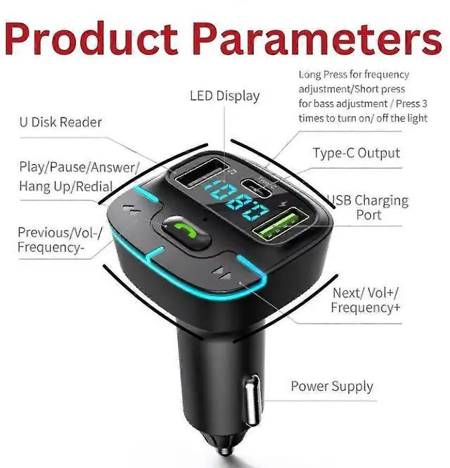 Alt view image 3 of 5 - Ecocleanpath 20W Bluetooth 5.4 FM Transmitter Car Charger with Fast Charging, Hands-Free Calls & Dual USB-C