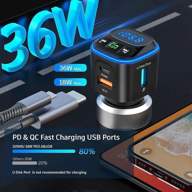 Alt view image 2 of 5 - Ecocleanpath Bluetooth 5.3 FM Transmitter with PD36W & QC18W Fast Charging, HiFi Bass, LED Display, Hands-Free Call