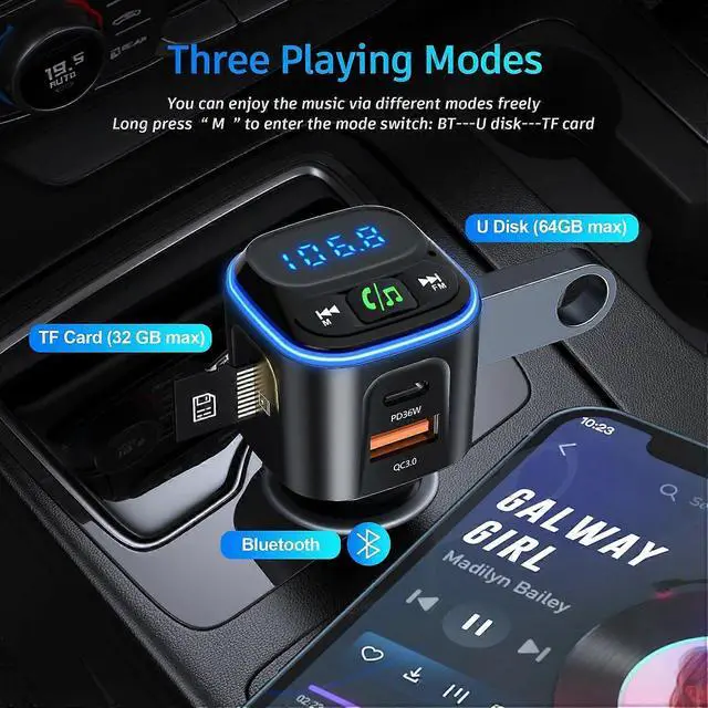Alt view image 3 of 5 - Ecocleanpath Bluetooth 5.3 FM Transmitter with PD36W & QC18W Fast Charging, HiFi Bass, LED Display, Hands-Free Call
