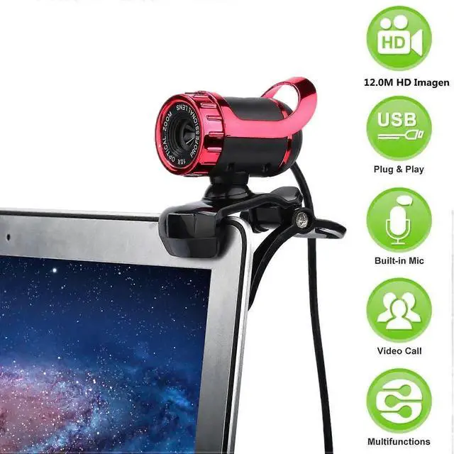 Alt view image 3 of 5 - Ecocleanpath Red Manual Focus Webcam with 360° Rotation, Built-in Mic & 12MP HD for Video Calls