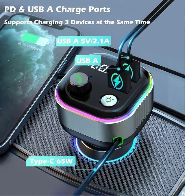 Alt view image 5 of 5 - Ecocleanpath Bluetooth 5.4 Car Adapter with 65W Fast Charger, FM Transmitter & Retractable USB-C (Gray)