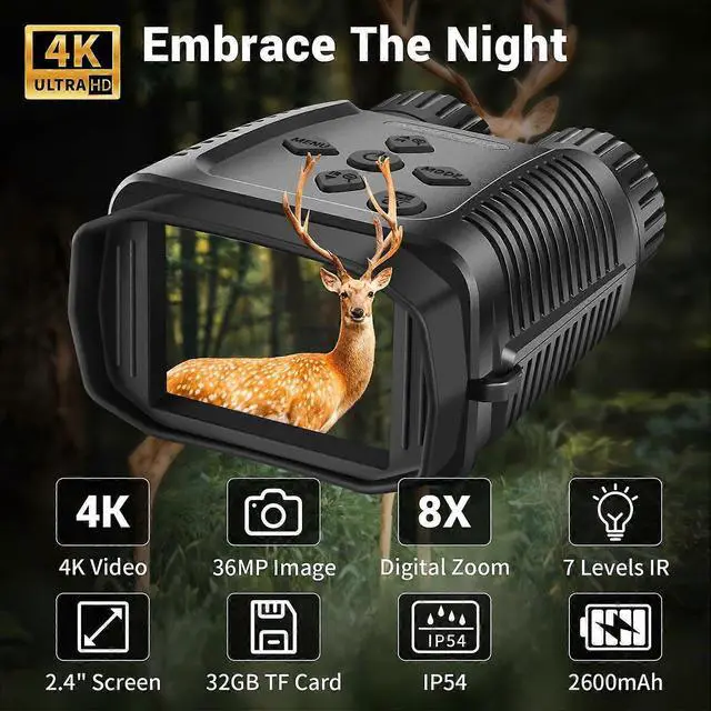 Alt view image 2 of 5 - Ecocleanpath 4K Mini Night Vision Goggles, Rechargeable 2.4" Screen, 8x Zoom & 1312ft Range for Camping (Black)