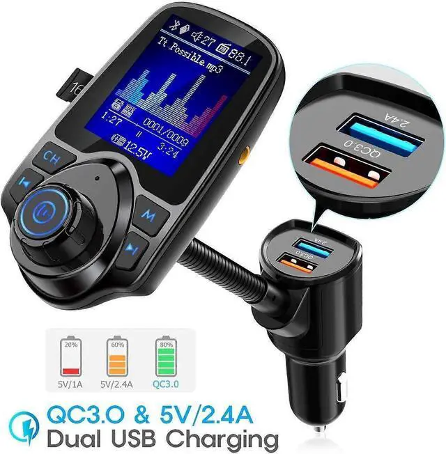 Alt view image 2 of 5 - Ecocleanpath Bluetooth FM Transmitter for Car, 1.8" Color Screen, QC3.0 Fast Charging & Hands-Free Calls (Black)