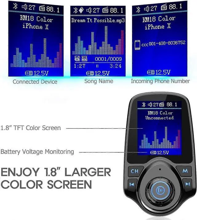 Alt view image 3 of 5 - Ecocleanpath Bluetooth FM Transmitter for Car, 1.8" Color Screen, QC3.0 Fast Charging & Hands-Free Calls (Black)