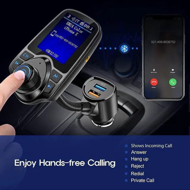Alt view image 4 of 5 - Ecocleanpath Bluetooth FM Transmitter for Car, 1.8" Color Screen, QC3.0 Fast Charging & Hands-Free Calls (Black)