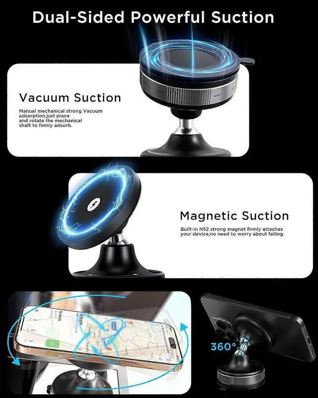 Alt view image 3 of 5 - Ecocleanpath Upgraded 15W Mag-Safe Car Phone Holder - 360° Adjustable Vacuum Suction Mount (Black)