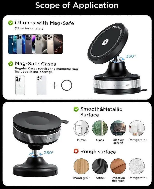 Alt view image 4 of 5 - Ecocleanpath Upgraded 15W Mag-Safe Car Phone Holder - 360° Adjustable Vacuum Suction Mount (Black)