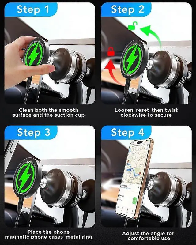 Alt view image 5 of 5 - Ecocleanpath Upgraded 15W Mag-Safe Car Phone Holder - 360° Adjustable Vacuum Suction Mount (Black)