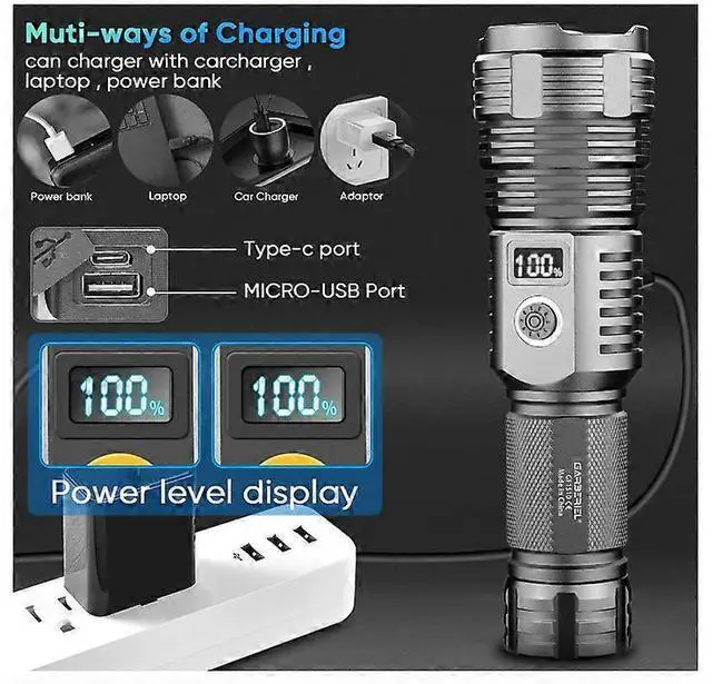 Alt view image 5 of 5 - Ecocleanpath 20000 Lumens LED Flashlight, Rechargeable Super Bright XHP70 Torch, 5 Modes & IP65 Waterproof, Black