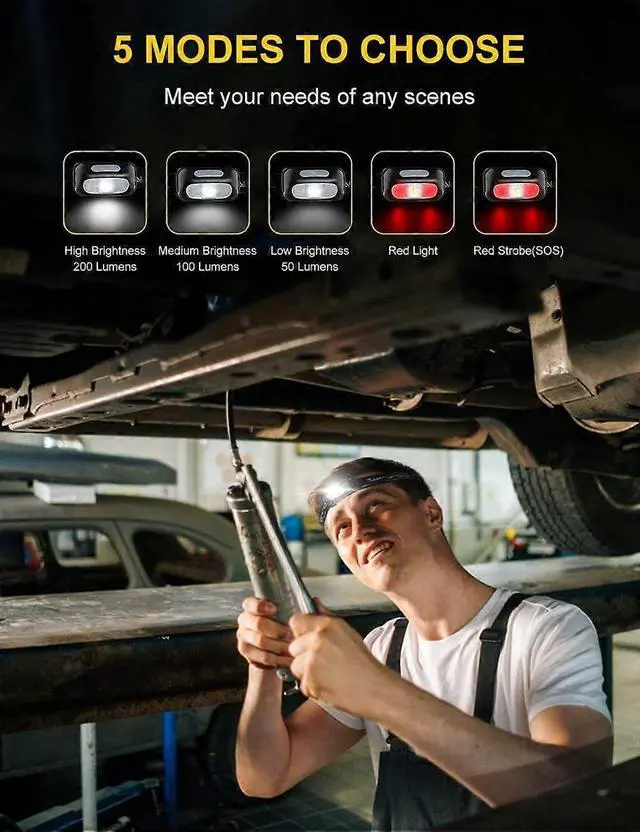 Alt view image 2 of 5 - Ecocleanpath Ultra-Light Rechargeable LED Headlamp with White/Red Light, IPX4 Waterproof, 200 Lumen Black Head Torch