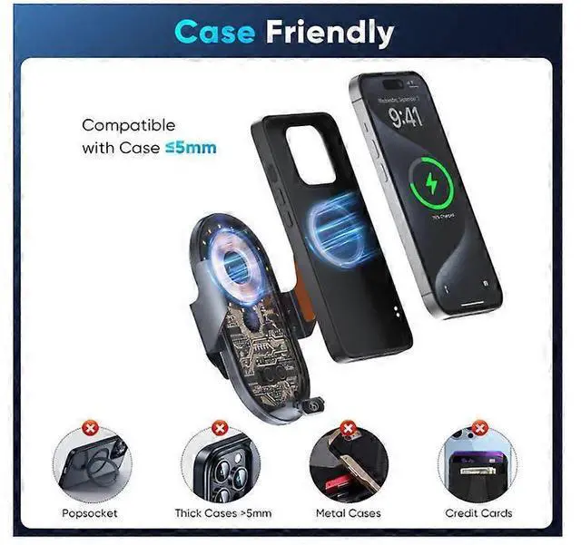 Alt view image 5 of 5 - Ecocleanpath 15W Auto-Clamping Wireless Car Charger & Phone Holder, 360° Rotation, Fast Charging (Black)