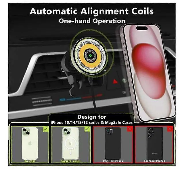 Alt view image 5 of 5 - Ecocleanpath 15W Magnetic Wireless Car Charger Holder with Auto-Alignment & 360° Rotation for iPhone 15/14/13/12 Series (Black)