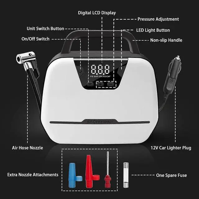 Alt view image 2 of 5 - Ecocleanpath Portable Tire Inflator 12V Air Compressor, 150PSI Auto Pump with Digital Display & LED Light for Car, Bike, Ball
