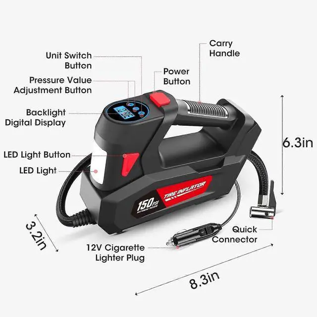 Alt view image 4 of 5 - Ecocleanpath 12V Portable Air Compressor Pump with LED Light, 150PSI for Car, Motorcycle, Bike - Black