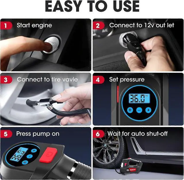 Alt view image 5 of 5 - Ecocleanpath 12V Portable Air Compressor Pump with LED Light, 150PSI for Car, Motorcycle, Bike - Black