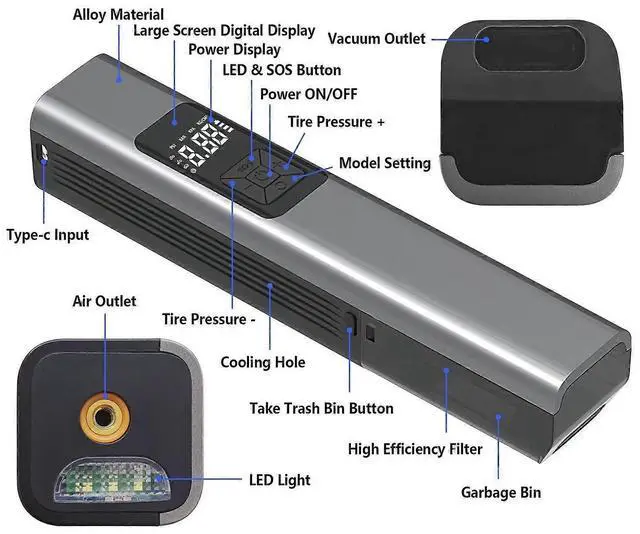 Alt view image 3 of 5 - Ecocleanpath Rechargeable Tire Inflator & Car Vacuum, 150 PSI Portable Air Compressor with LED Light & Auto-Off