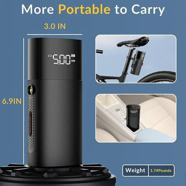 Alt view image 3 of 5 - Ecocleanpath 150PSI Cordless Tire Inflator, 2x Faster Portable Air Compressor with LED Light for Car, Bike, Ball - Black