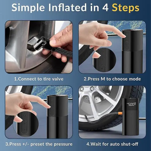 Alt view image 4 of 5 - Ecocleanpath 150PSI Cordless Tire Inflator, 2x Faster Portable Air Compressor with LED Light for Car, Bike, Ball - Black