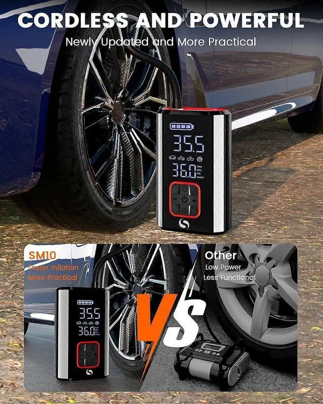 Alt view image 3 of 5 - Ecocleanpath SM10 Cordless Tire Inflator, 150PSI Portable Air Compressor with Digital Gauge & Auto Stop