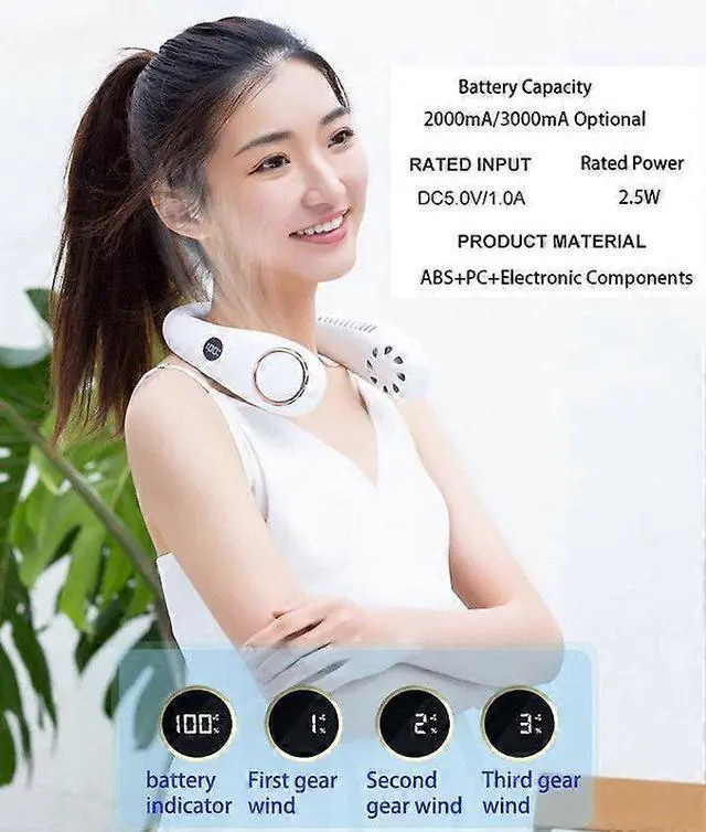 Alt view image 3 of 5 - Ecocleanpath White Neck Fan with 3 Speeds & LED Display, 360° Cooling for Outdoor Travel & Indoor Use