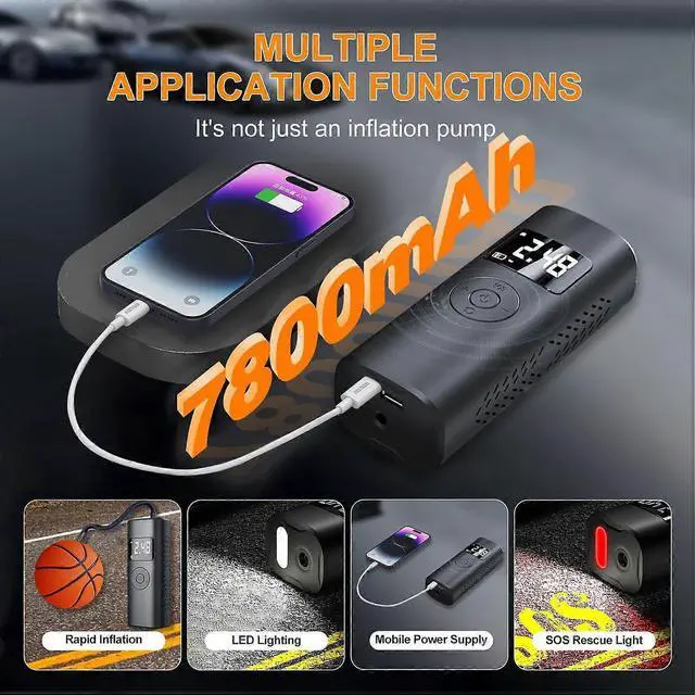 Alt view image 2 of 5 - Ecocleanpath 7800mAh 150PSI Portable Tire Inflator with LED Light & USB Charging for Cars, Bikes, Balls