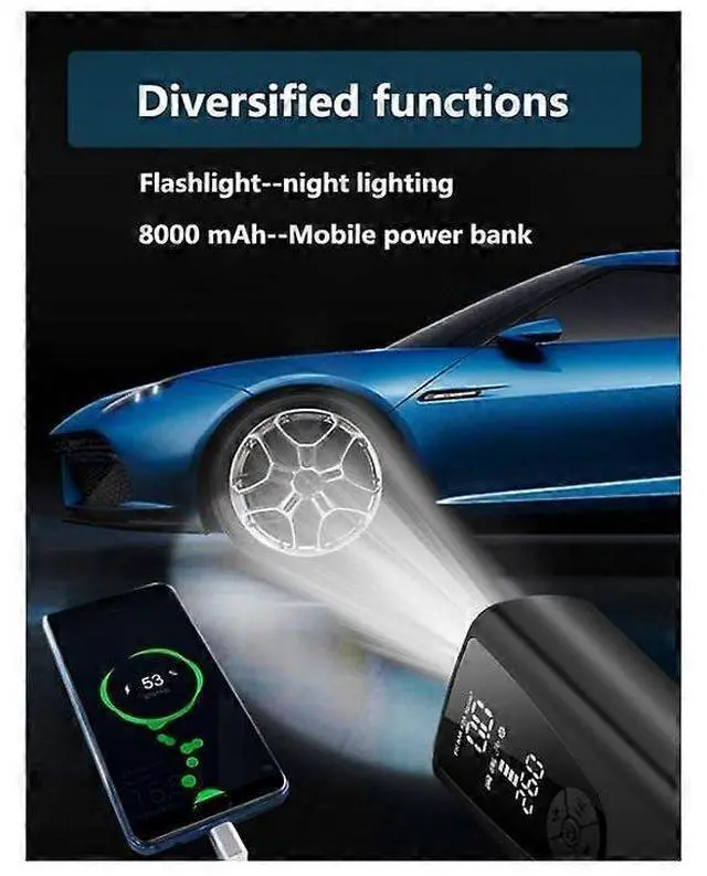 Alt view image 3 of 5 - Ecocleanpath 8000mAh Portable Tire Inflator, 150PSI Digital Air Compressor with LED Light & USB Power - Fast Inflation for Car, Motorcycle, Bike (Black)