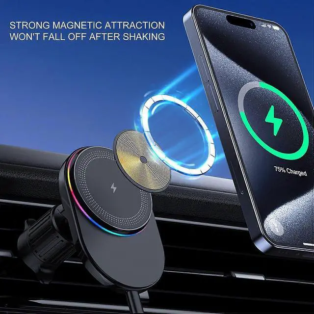 Alt view image 2 of 5 - Ecocleanpath 15W Magnetic Wireless Car Charger & Phone Holder, 360° Rotatable with LED Light (Black)