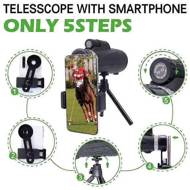 Alt view image 2 of 5 - Ecocleanpath 18x62 HD Monocular Telescope with Tripod & Phone Holder, BAK4 Prism for Bird Watching, Hunting, Camping