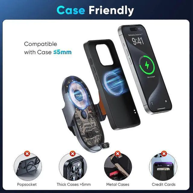 Alt view image 4 of 5 - Ecocleanpath 15W Fast Wireless Car Charger & Phone Holder, Auto Clamp for iPhone 15-11 & Samsung Galaxy (Silver)