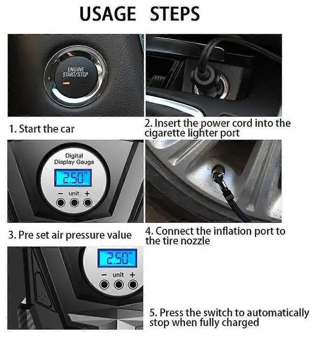 Alt view image 4 of 5 - Ecocleanpath 12V Digital Tire Inflator with Auto Stop - Fast 35L/min Air Compressor for Car, Bike, Motorcycle (Black)