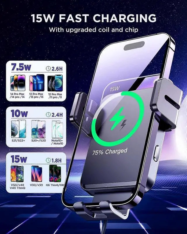 Alt view image 2 of 5 - Ecocleanpath 15W Qi Fast Wireless Car Charger & Phone Holder, Auto Clamping for iPhone 15 Pro Max, Galaxy S24 (Black)