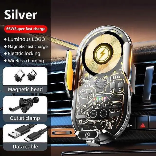 Alt view image 2 of 5 - Ecocleanpath 66W Super Fast Car Wireless Charger & Phone Holder with Auto Clamp, 15W Qi Charging (Silver)